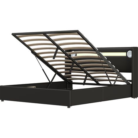Letto contenitore 160x200 in PU nero con LED Bluetooth USB e rete a doghe (1/5)