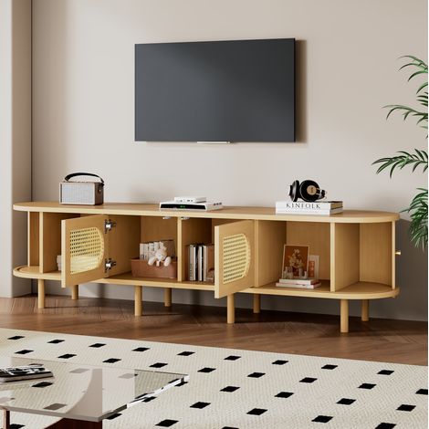 Mueble TV 180x40x40 cm de MDF natural, puertas estilo ratán, almacenaje – MEUBLIV (1/5)