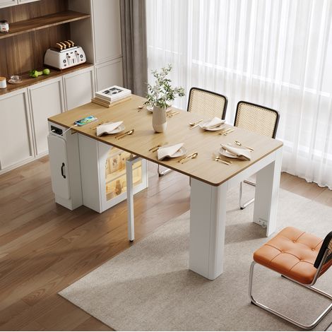 Isla de cocina extensible 149.6 cm blanca en MDF y vidrio con ruedas, LED y puertos USB/Type-C (1/5)