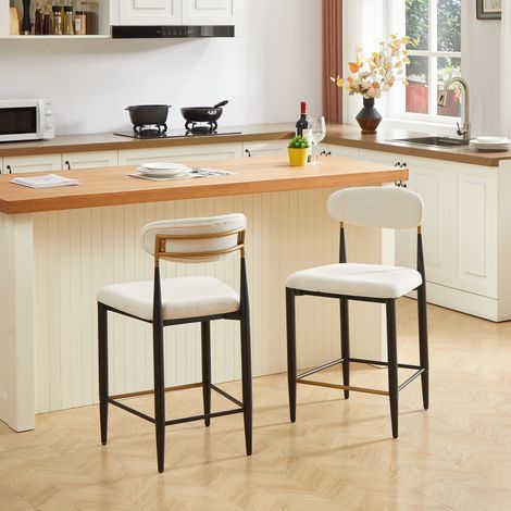 Tabourets de bar 51x50x94 cm en métal et tissu beige, style scandinave pour cuisine FloraGrace (1/5)
