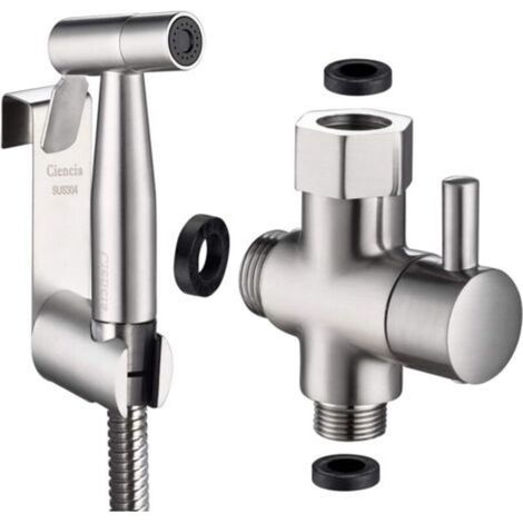 Kit doccetta bidet in acciaio inox con valvola a 3 vie (3/8"-12/17") e tubo doccia da 1,2 m. (1/4)