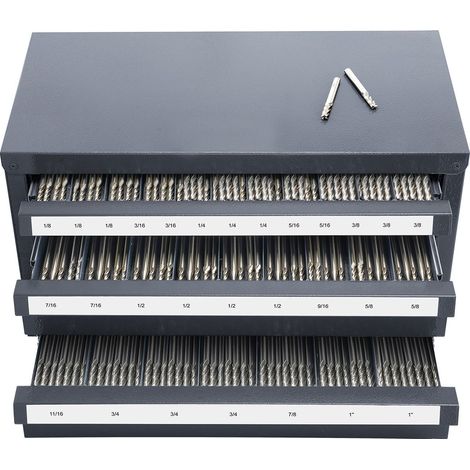 Distributeur de fraises, armoire 3 tiroirs, rangement pour fraises 1/8" à 1", acier, 29 compartiments, empilable, avec étiquettes. (1/5)