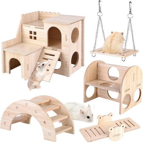 Wooden Hamster Toy Set - DIY Hideout, Bridge, Seesaw, Swing, and Training Accessories (1/5)
