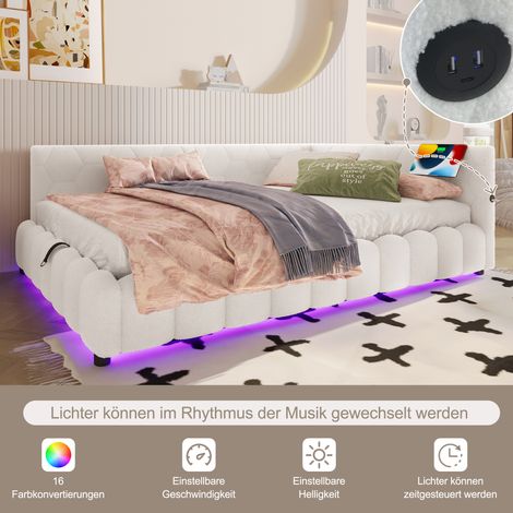 Canapé-lit 90x200 cm avec sommier lattes (sans matelas), bande lumineuse LED, mécanisme hydraulique, port USB-C, revêtement similicuir blanc
