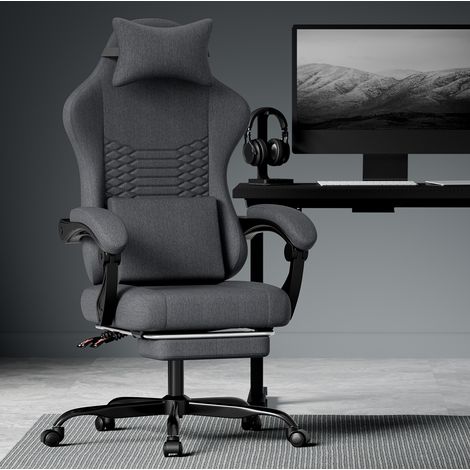 Chaise gaming en tissu noir avec appui-tete, soutien lombaire, dossier 90-135°, repose-pieds, 77,0 x 57,0 x 25,0 cm (1/5)