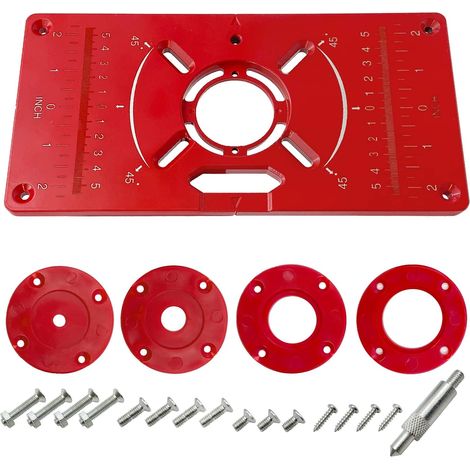 Table de défonceuse en aluminium, plaque d'insertion rouge pour toupie, établi d'atelier, accessoires de menuiserie, machine de coupe avec bagues, outils de travail du bois (1/5)