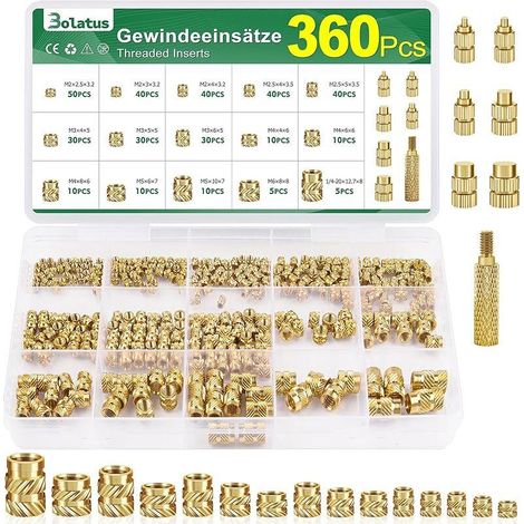Lot de 360 inserts filetés M2 M2.5 M3 M4 M5 M6, écrous de fusion en laiton avec fer à souder, aide à la fusion, filetage moleté pour pièces en plastique, inserts filetés pour pièces (1/5)