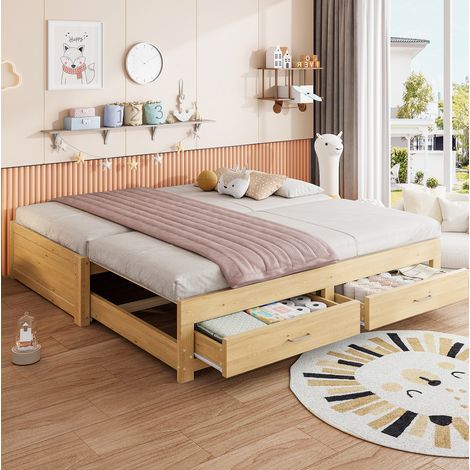 Divano letto con letto estraibile 90x190 cm estendibile fino a 180x190 cm con 2 cassetti, rete a doghe, legno naturale (1/5)