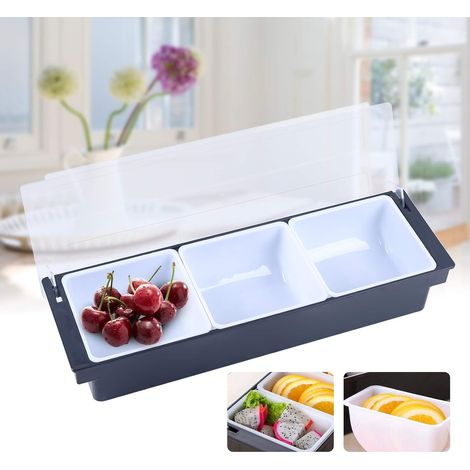 Zutatenbehälter Set 3-teilig  Barbeilagenbehälter mit Deckel  3X 400 ml Fächer für Zitronen, Obst, Oliven und Cocktail Zutaten  50x15x10cm  schwarz mit transparentem Klappdeckel