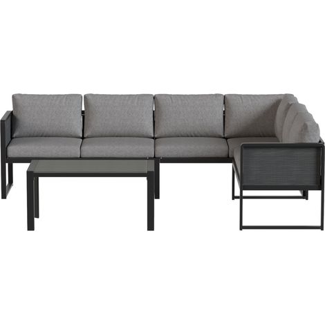 Ensemble Divano Angulaire de Jardin en Métal, 3 Fauteuils, Table Basse Effet Bois, Gris Foncé (1/5)