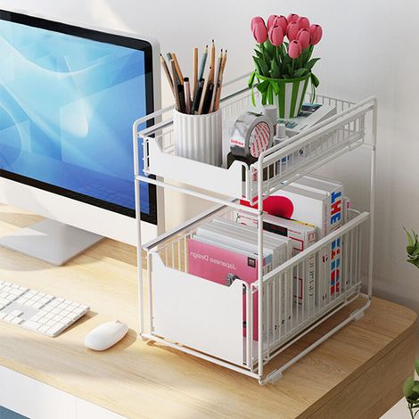 Panier de Rangement Coulissant à 2 Niveaux, Tiroir Organisateur, Porte-épices, Panier Coulissant Sous Évier, Étagère de Rangement pour Comptoir de Cuisine, Garde-Manger, Bureau, Bureau (Blanc) (1/5)