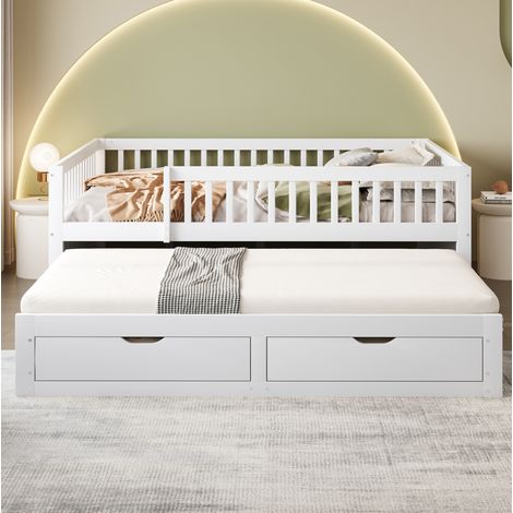 MODFU – Cama tipo banco nido 140x200 cm de pino/MDF con 2 cajones, barandillas de seguridad, somier de láminas y 29 lamas – Blanco (1/5)