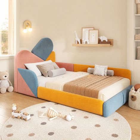 Lit enfant 90x200 cm en velours multicolore, gain de place pour chambre, sans matelas FloraGrace (1/5)