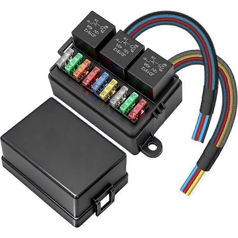 Caja de relés de 12 V y 40 A, caja de relés precableada de 9 vías, 3 relés y 9 fusibles de cuchilla ATC/ATO, universal para automóviles y camiones. (1/5)