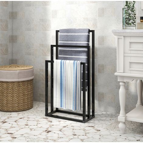 Porte-serviettes sur pied 3 niveaux en métal noir, 45x22x86 cm, pour salle de bain (1/5)