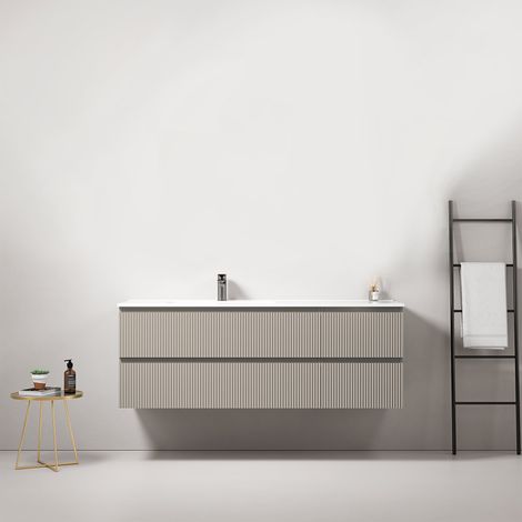 Mobile bagno sospeso cannettato 140 cm Grigio Cenere Lavabo a Sinistra in Resina Senza Specchio - Fiji Paint (1/4)