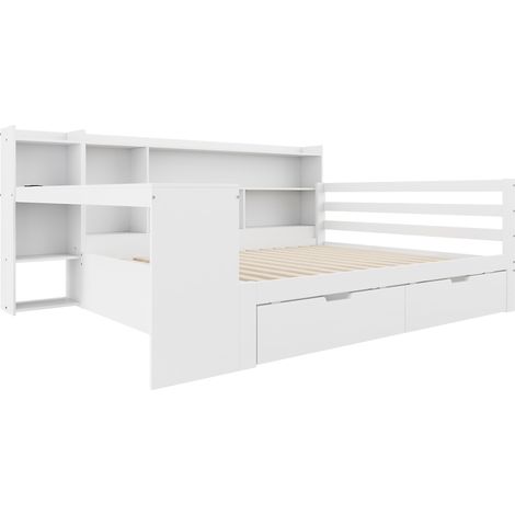 Cama doble 140x200 cm con escritorio, estantes, 2 cajones y USB blanca MODENUIT (1/5)