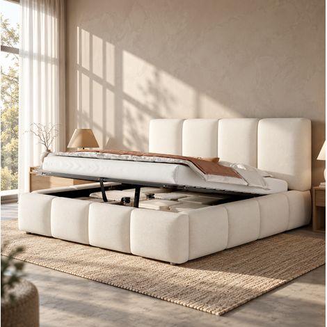 Lit coffre 160x200 cm avec sommier à lattes, rangement hydraulique et tête de lit rembourrée en tissu bouclette blanc, charge max. 220 kg, idéal pour la chambre – CHICFURN (1/5)