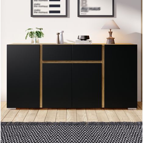 Aparador 140x35x70 cm de MDF negro y efecto madera, 4 puertas, almacenamiento – MEUBLIV (1/5)
