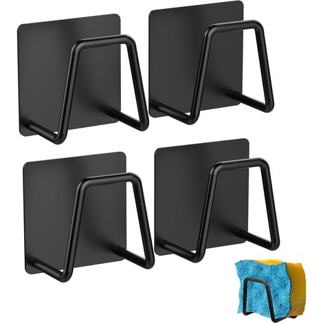 Support Éponge Crochet 4 Pcs - Porte-Éponges Auto-Adhésif Inox 304 Noir - Organisation Évier Cuisine (1/5)