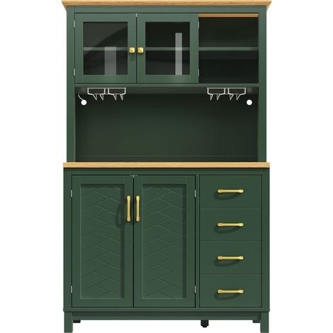 GagaBuffet de cuisine style maison de campagne, 105,5x40x180 cm, 4 portes, LED et porte-gobelets, Vert/Noir/Blanc (1/5)