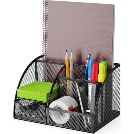 Organiseur de bureau avec tiroir et 6 compartiments, gain de place, idéal pour ranger crayons, post-it, trombones et agrafes, noir (1/5)