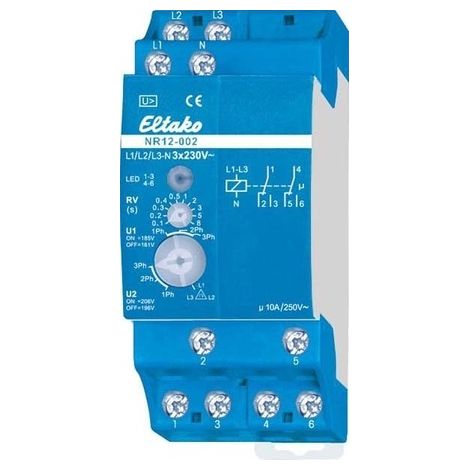 Relè di monitoraggio rete NR12-002-3X230V Eltako Tensione di funzionamento: 230 V 2 scambi (L x L x A) 58 x 36 x 58 mm