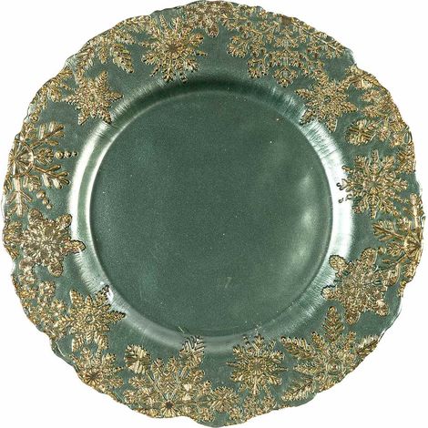 Assiettes rondes en verre vert contact alimentaire avec reliefs dorés, lot de 2, diam. 33 cm