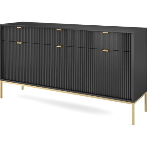 Selsey VELLORE - Sideboard Kommode 3-türig mit 3 Schubladen, Schwarz mit geriffelten Fronten mit goldenen Metallbeinen, 154 cm (1/3)
