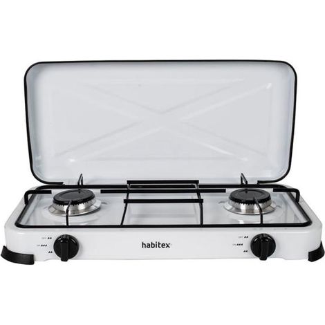 Réchaud à gaz portable 2 brûleurs – Puissance 3.5kW – Tapa extraible – Rejilla esmaltada – Encendido manuel – Habitex