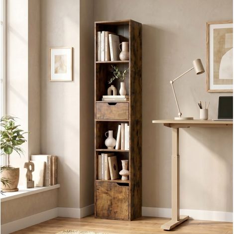Bibliothèque 30x24x158 cm en panneaux de bois marron, gain de place pour bureau FloraGrace (1/5)