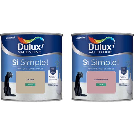Dulux Valentine Peinture Si Simple Lot de 2 Peinture Intérieure Toutes Pièces Satin - Peinture Murs et Plafonds, Portes et Plinthes - Couleurs : Le Kraft & Le Rose Intense 0,5 L