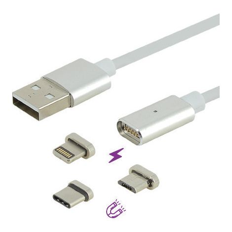 Cordon aimanté USB / Lightning  USB-C  Micro USB - 3 en 1 - Mâle / Mâle  1 mètre