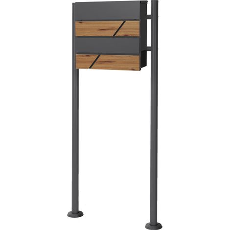 ECD Germany Standbriefkasten mit Zeitungsfach, Design Briefkasten mit Pfosten, Briefkastenanlage, Briefkastenständer Anthrazit 120cm Edelstahl pulverbeschichtet, Postkasten Anthrazit-Holzoptik Stahl