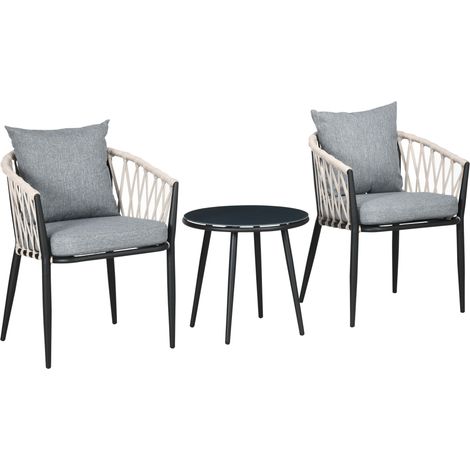 Ensemble de mobilier de jardin pour 2 personnes comprenant 1 table, 2 chaises avec coussins d'assise, ensemble de balcon, acier, gris (1/5)
