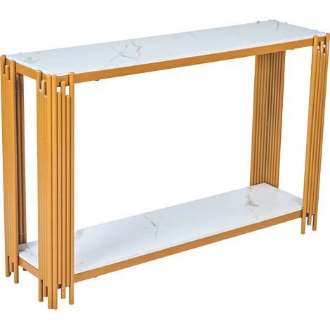 Table console 2 étagères aspect marbre, structure métal doré brillant, table d’entrée moderne, H80 x L123,5 x P33,5 cm entrée salon chambre (1/5)