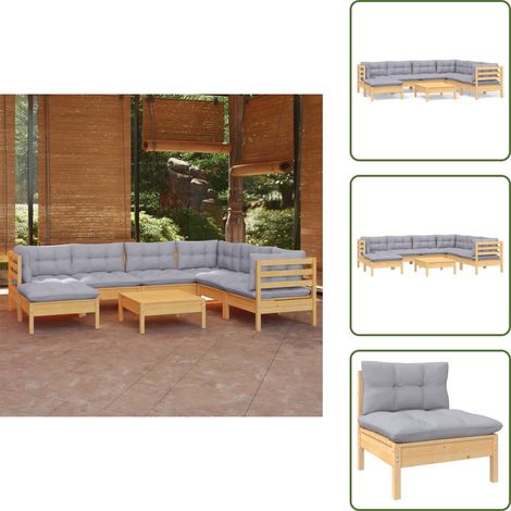 8-tlg. Garten-Lounge-Set mit Grauen Kissen Kiefer Massivholz - Gartengeräte - Lounge Möbel - Gartenmöbel Set - Kiefernholzmöbel - Outdoor Furniture (1/5)