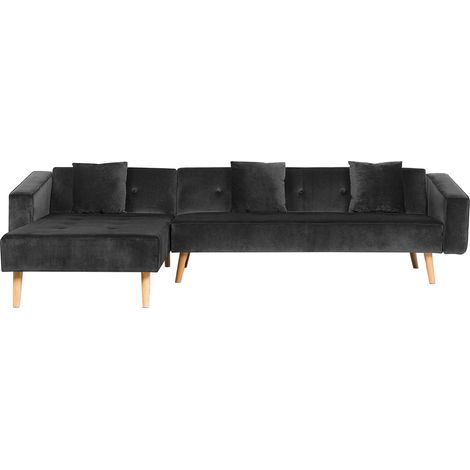 Sofá cama esquinero con 3 almohadas tapizado en terciopelo negro patas de madera clara reclinable 4 plazas versión derecha Vadso (1/5)