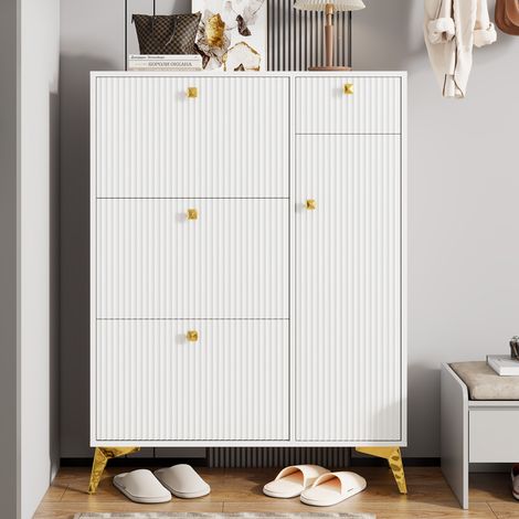 Schuhschrank, 90x25x121 cm, platzsparende Aufbewahrung für schmale Eingänge, mit 3 Klapptüren, 1 Schublade und 1 Holz-Metall-Tür, Weiß (1/5)