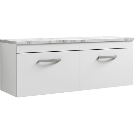Millwich Contemporary 2 Drawer Wall Hung Vanity Unit with Laminate Carrara Marble Worktop, Gloss White, 1200mm