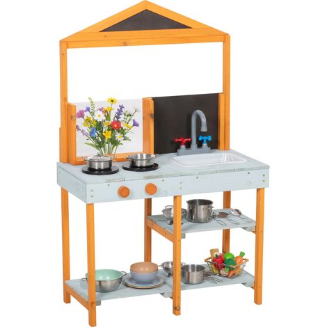 Matschküche Kinder Outdoor Spielküche Holz mit Herd Abnehmbarer Spüle Regalen für Kinder von 3-8 Jahren, Hellblau