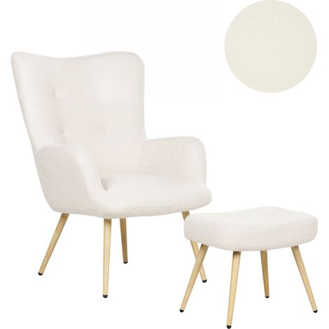 Sillón orejero moderno de mediados de siglo tapizado de bouclé blanco crema con reposapiés Vejle II (1/5)