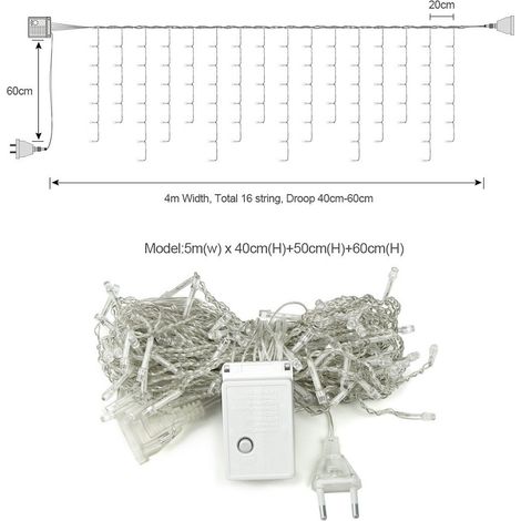 Rideau Lumineux Noel Exterieur 8M 192 LED 8 Modes Blanc Chaud pour Fenêtre, Balcon, Jardin (1/5)