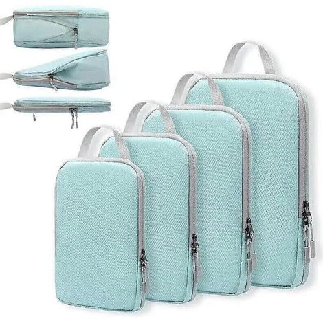 Ensemble de 4 organisateurs de bagages à compression bleus pour ranger vêtements, chaussures et accessoires en voyage.-AquaForge (1/5)