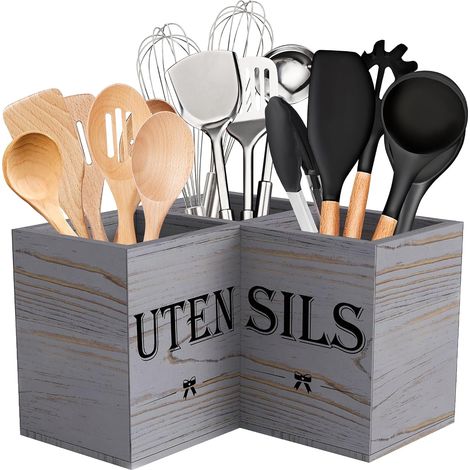 Kitchen Utensils Wood, Extra Large With 3 Compartments, Grey Grain (1/5)
