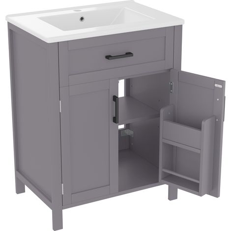Mueble de baño gris independiente 60 x 46 x 84,8 cm con lavabo de cerámica y 2 puertas MODENUIT (1/5)