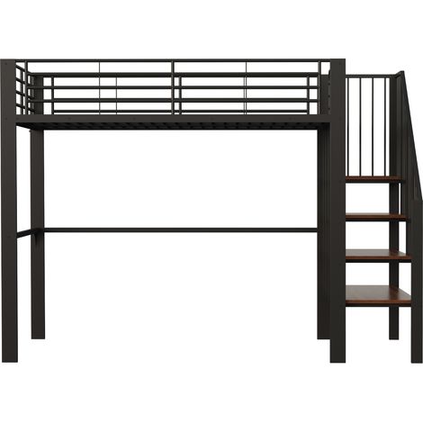 Lit mezzanine 140x200, lit mezzanine en métal noir avec escalier sécurisé et grand espace de rangement sous le lit, 251.5x145x169cm (1/5)