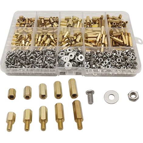 Irovami Kit de 910 entretoises hexagonales M3 mâle/femelle en laiton avec vis, écrou et rondelle pour carte mère PCB. (1/5)