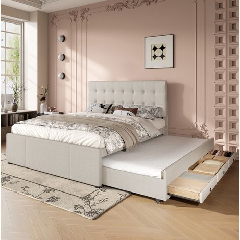 Cama tapizada de lino beige 140x200 cm con cama nido extraíble, 3 cajones y cabecero ajustable (1/5)