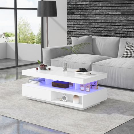 Tavolino da caffè 95x50x42.5 cm bianco in truciolare con LED, 2 cassetti e 2 vani aperti (1/5)
